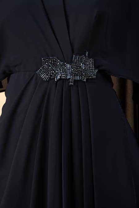 Aakaar_Navy Modal Beads Round Neck Blue Draped Maxi Dress _at_Aza_Fashions