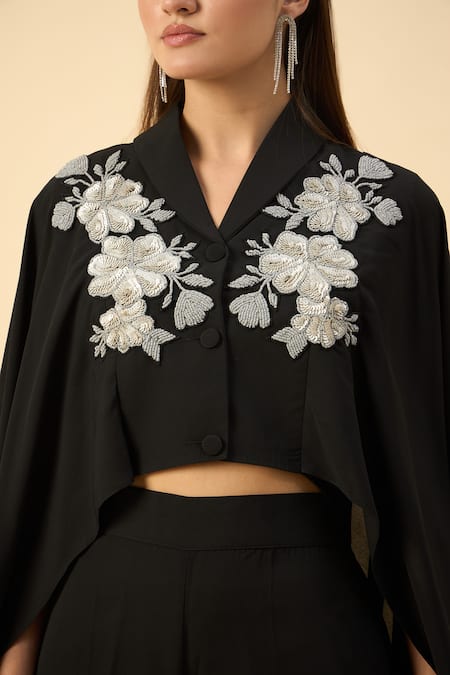 Aakaar Black Crepe, Modal Embroidery, Beads Shawl Designer Crop Top And Flared Pant Set Online at Aza Fashions Aakaar_Black Crepe, Modal Embroidery, Beads Shawl Designer Crop Top And Flared Pant Set _Online_at_Aza_Fashions
