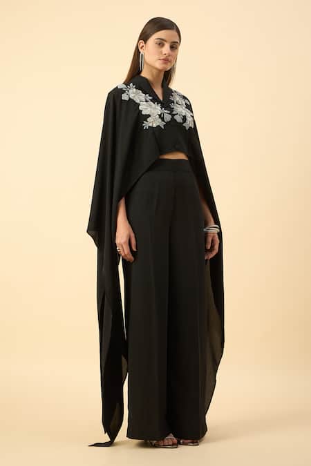 Aakaar Black Crepe, Modal Embroidery, Beads Shawl Designer Crop Top And Flared Pant Set at Aza Fashions Aakaar_Black Crepe, Modal Embroidery, Beads Shawl Designer Crop Top And Flared Pant Set _at_Aza_Fashions