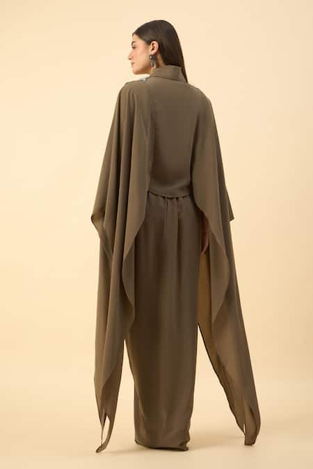 Aakaar Olive Green Modal Embroidery Collared Designer Crop Top And Draped Skirt Online at Aza Fashions Aakaar_Olive Green Modal Embroidery Collared Designer Crop Top And Draped Skirt _Online_at_Aza_Fashions