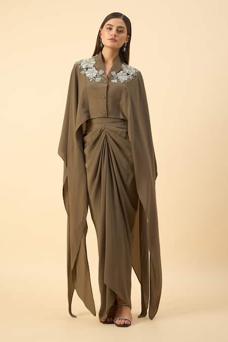 Buy Aakaar Olive Green Modal Embroidery Collared Designer Crop Top And Draped Skirt Online at Aza Fashions Buy_Aakaar_Olive Green Modal Embroidery Collared Designer Crop Top And Draped Skirt _Online_at_Aza_Fashions