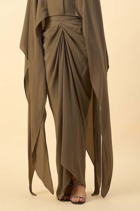 Shop Aakaar Olive Green Modal Embroidery Collared Designer Crop Top And Draped Skirt Online at Aza Fashions Shop_Aakaar_Olive Green Modal Embroidery Collared Designer Crop Top And Draped Skirt _Online_at_Aza_Fashions