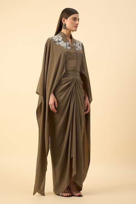 Aakaar Olive Green Modal Embroidery Collared Designer Crop Top And Draped Skirt at Aza Fashions Aakaar_Olive Green Modal Embroidery Collared Designer Crop Top And Draped Skirt _at_Aza_Fashions