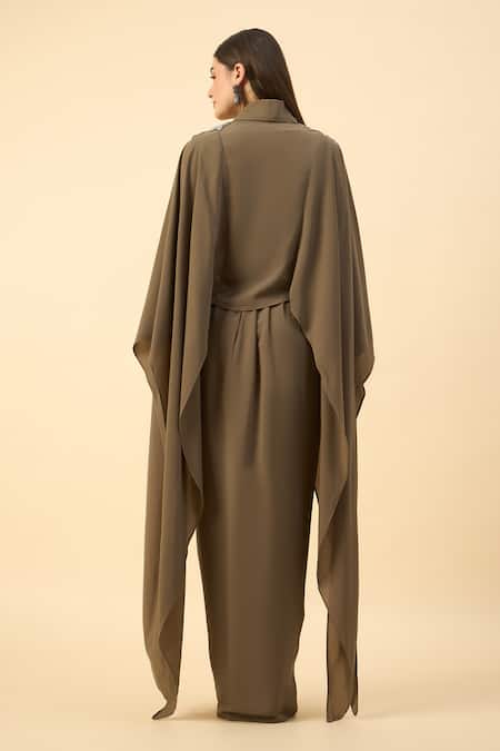 Shop Aakaar Olive Green Modal Embroidery Collared Designer Crop Top And Draped Skirt at Aza Fashions Shop_Aakaar_Olive Green Modal Embroidery Collared Designer Crop Top And Draped Skirt _at_Aza_Fashions