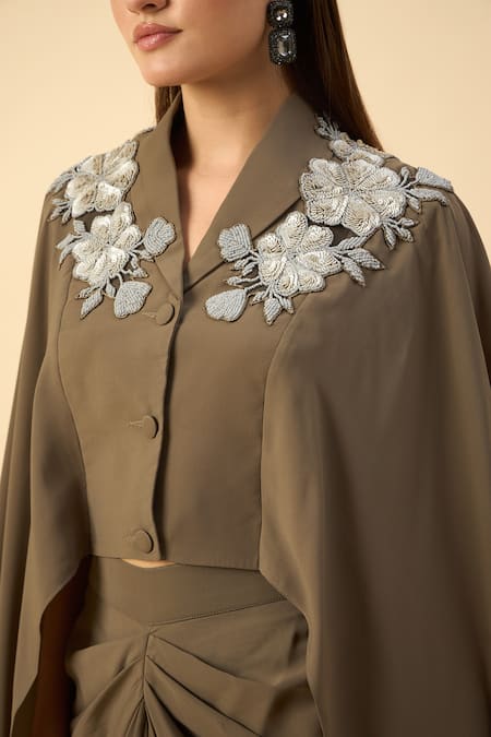 Buy Aakaar Olive Green Modal Embroidery Collared Designer Crop Top And Draped Skirt Buy_Aakaar_Olive Green Modal Embroidery Collared Designer Crop Top And Draped Skirt