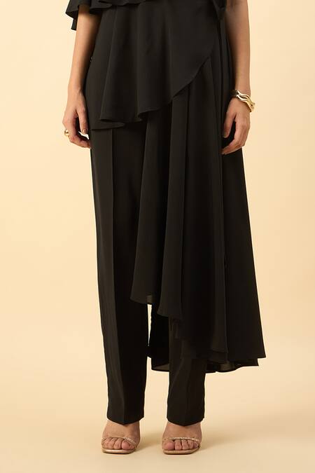 Shop Aakaar Black Modal, Crepe V-neck Draped Tunic And Pant Set Online at Aza Fashions Shop_Aakaar_Black Modal, Crepe V-neck Draped Tunic And Pant Set _Online_at_Aza_Fashions