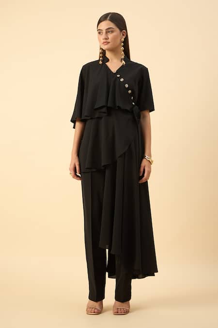 Aakaar Black Draped Tunic And Pant Set 