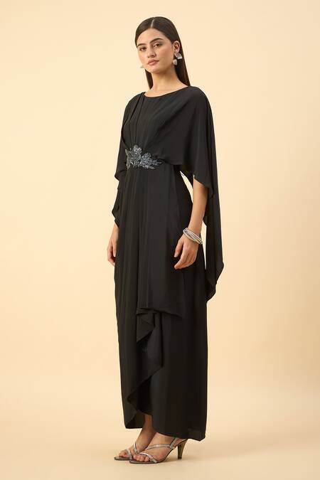 Aakaar_Black Silk, Crepe Beads, Embroidery Round Neck Draped Maxi Dress _Online_at_Aza_Fashions