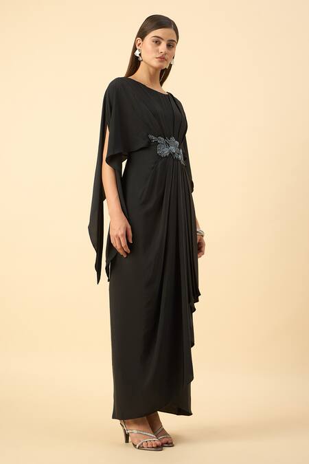 Buy_Aakaar_Black Silk, Crepe Beads, Embroidery Round Neck Draped Maxi Dress _Online_at_Aza_Fashions