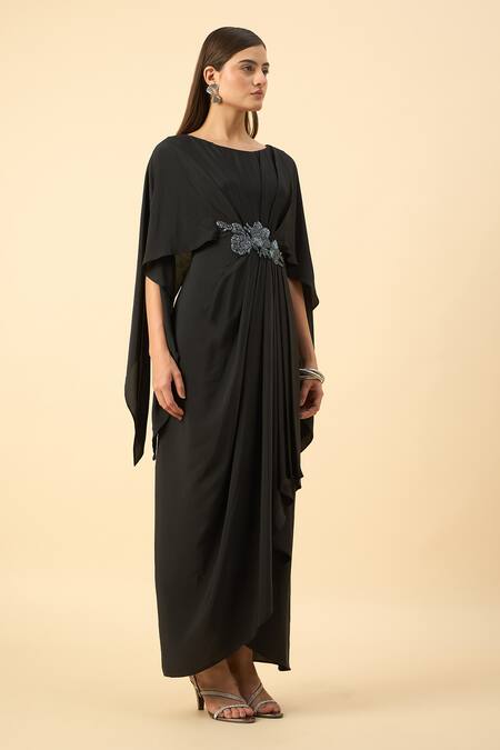 Shop_Aakaar_Black Silk, Crepe Beads, Embroidery Round Neck Draped Maxi Dress _Online_at_Aza_Fashions