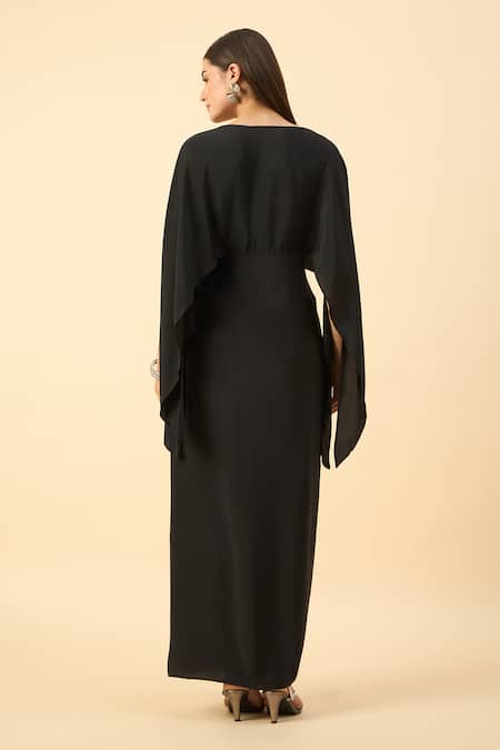 Shop_Aakaar_Black Silk, Crepe Beads, Embroidery Round Neck Draped Maxi Dress _at_Aza_Fashions