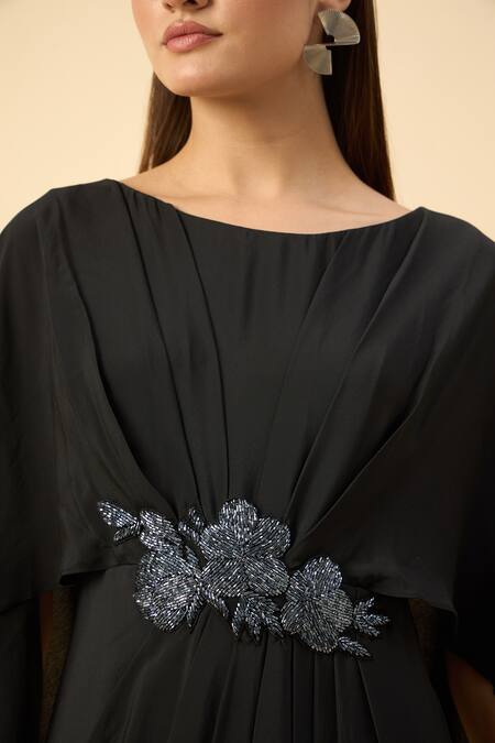 Aakaar_Black Silk, Crepe Beads, Embroidery Round Neck Draped Maxi Dress _at_Aza_Fashions
