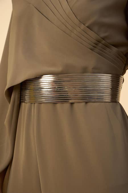 Aakaar_Olive Green Mohair V-neck Designer Jumpsuit With Belt _Online_at_Aza_Fashions