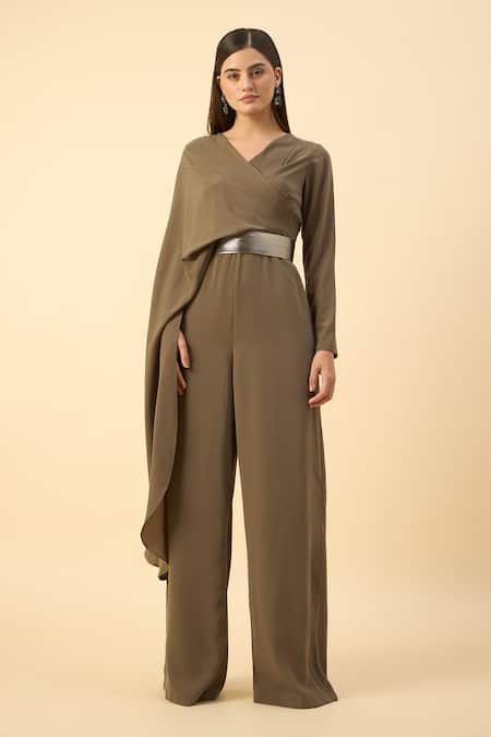 Buy_Aakaar_Olive Green Mohair V-neck Designer Jumpsuit With Belt _Online_at_Aza_Fashions