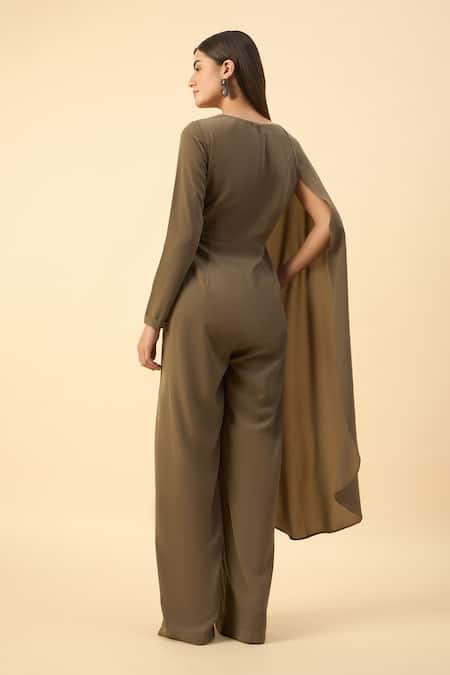 Aakaar Olive Green Designer Jumpsuit With Belt 
