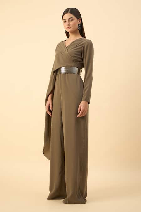 Aakaar_Olive Green Mohair V-neck Designer Jumpsuit With Belt _at_Aza_Fashions