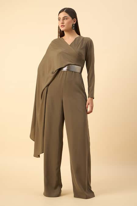 Aakaar Olive Green Designer Jumpsuit With Belt 