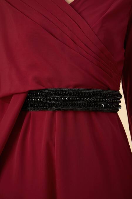 Aakaar_Red Muslin, Crepe Beads V-neck Designer Jumpsuit With Belt _Online_at_Aza_Fashions