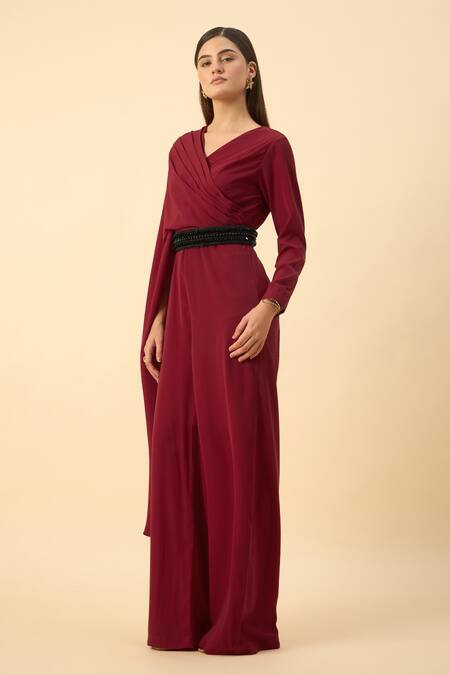 Buy_Aakaar_Red Muslin, Crepe Beads V-neck Designer Jumpsuit With Belt _Online_at_Aza_Fashions