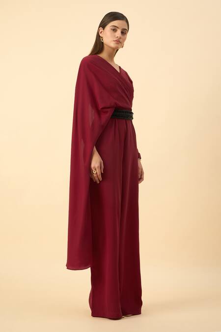 Shop_Aakaar_Red Muslin, Crepe Beads V-neck Designer Jumpsuit With Belt _Online_at_Aza_Fashions