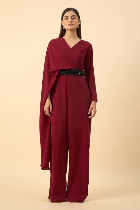 Aakaar Red Designer Jumpsuit With Belt 