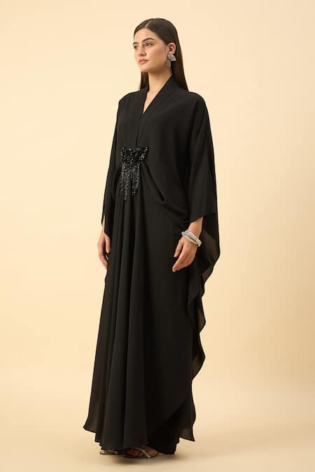 Buy_Aakaar_Black Modal Beads, Sequins V-neck Moss Crepe Kaftan And Pant Set _Online_at_Aza_Fashions