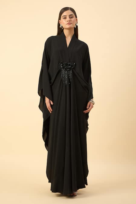 Shop_Aakaar_Black Modal Beads, Sequins V-neck Moss Crepe Kaftan And Pant Set _Online_at_Aza_Fashions
