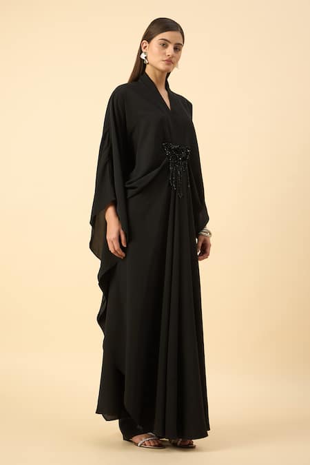 Aakaar_Black Modal Beads, Sequins V-neck Moss Crepe Kaftan And Pant Set _at_Aza_Fashions