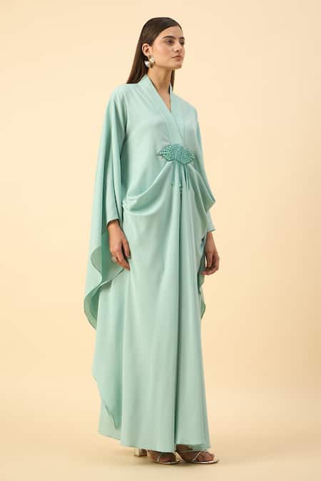 Aakaar_Aqua Modal Beads V-neck Blue Designer Kaftan And Pant Set _Online_at_Aza_Fashions