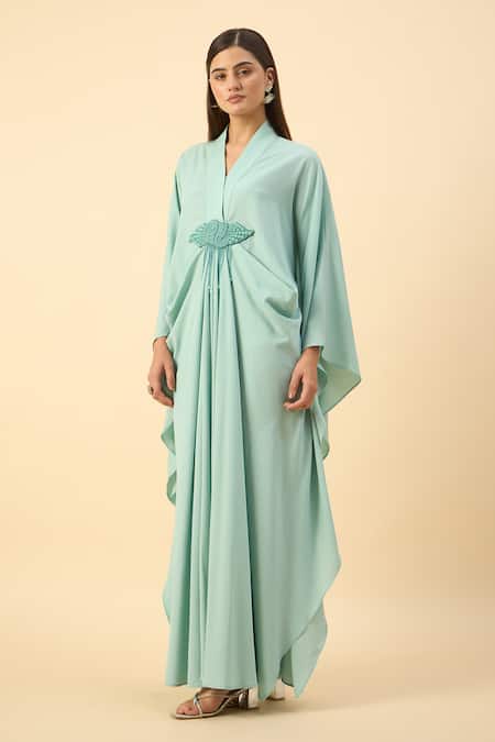 Buy_Aakaar_Aqua Modal Beads V-neck Blue Designer Kaftan And Pant Set _Online_at_Aza_Fashions