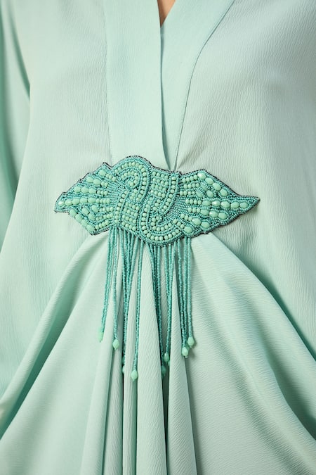 Shop_Aakaar_Aqua Modal Beads V-neck Blue Designer Kaftan And Pant Set _Online_at_Aza_Fashions