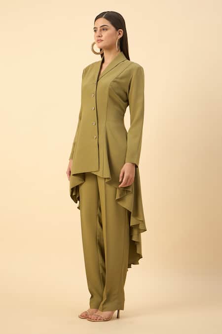 Aakaar Green Modal Collared Moss Crepe Tunic And Pant Set Online at Aza Fashions Aakaar_Green Modal Collared Moss Crepe Tunic And Pant Set _Online_at_Aza_Fashions