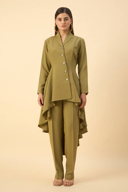 Buy Aakaar Green Modal Collared Moss Crepe Tunic And Pant Set Online at Aza Fashions Buy_Aakaar_Green Modal Collared Moss Crepe Tunic And Pant Set _Online_at_Aza_Fashions