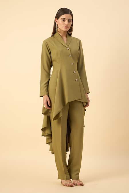 Shop Aakaar Green Modal Collared Moss Crepe Tunic And Pant Set Online at Aza Fashions Shop_Aakaar_Green Modal Collared Moss Crepe Tunic And Pant Set _Online_at_Aza_Fashions