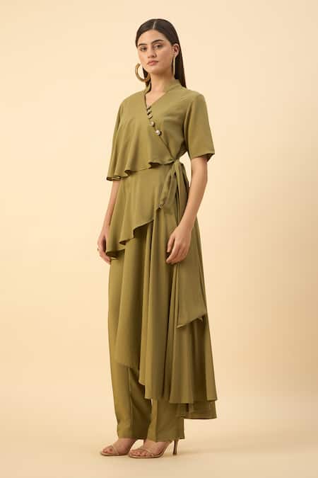 Aakaar_Green Modal V-neck Draped Tunic And Pant Set _Online_at_Aza_Fashions
