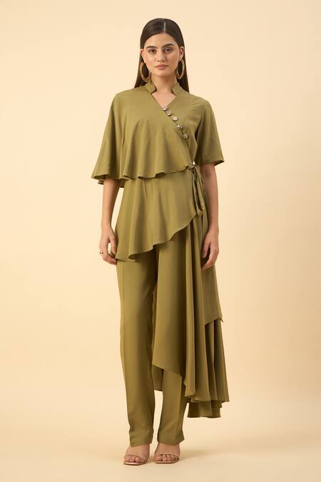 Buy_Aakaar_Green Modal V-neck Draped Tunic And Pant Set _Online_at_Aza_Fashions