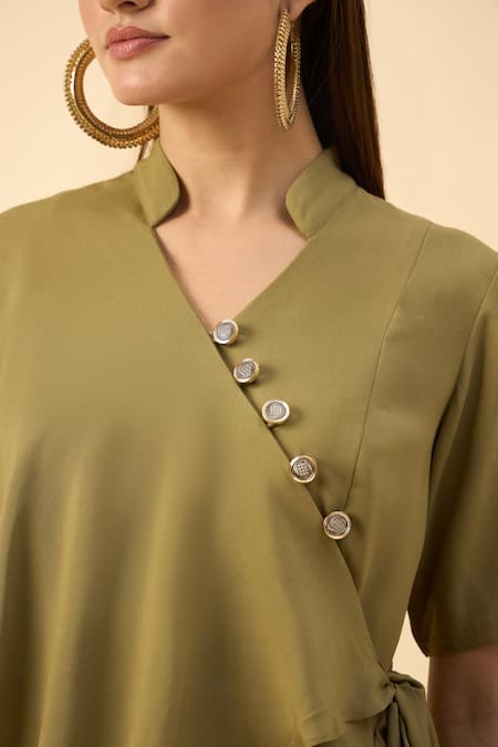 Shop_Aakaar_Green Modal V-neck Draped Tunic And Pant Set _Online_at_Aza_Fashions