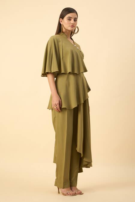 Aakaar_Green Modal V-neck Draped Tunic And Pant Set _at_Aza_Fashions