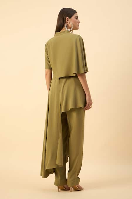 Shop_Aakaar_Green Modal V-neck Draped Tunic And Pant Set _at_Aza_Fashions