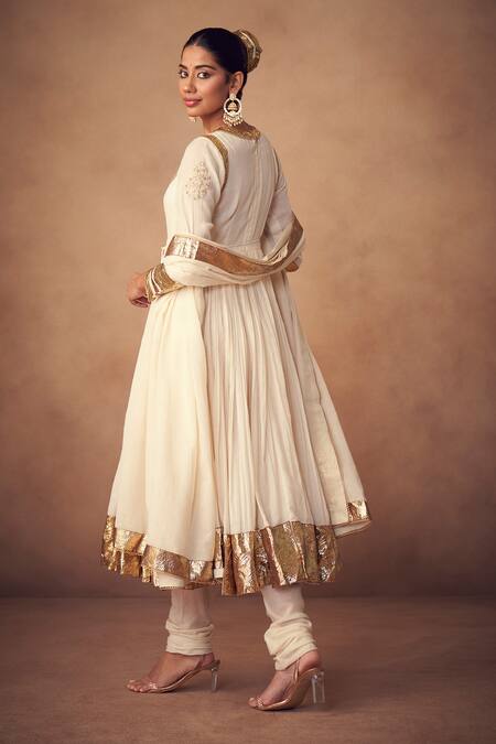 Shop_Taavare_Off White Muslin, Mohair Zari Keyhole Neck Anarkali Kurta Set_at_Aza_Fashions