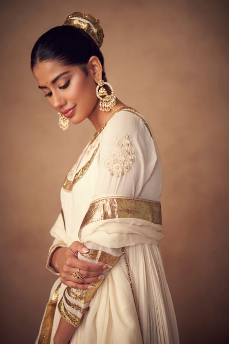 Taavare_Off White Muslin, Mohair Zari Keyhole Neck Anarkali Kurta Set_Online_at_Aza_Fashions