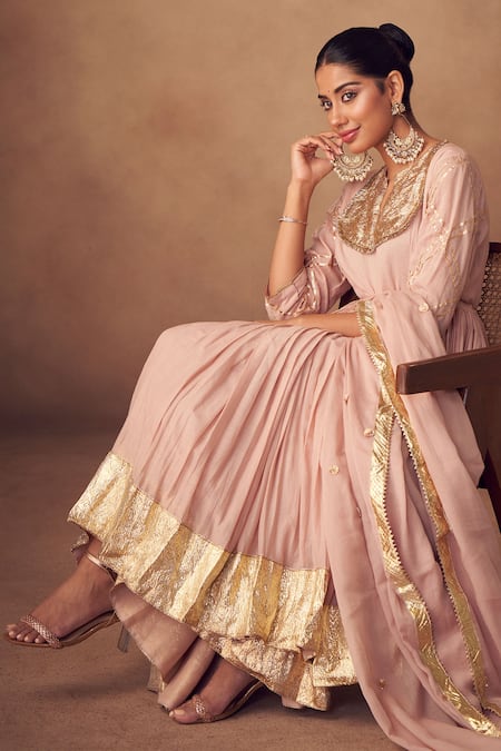 Taavare Pink Muslin Zari Round Neck Anarkali Sharara Set Online at Aza Fashions Taavare_Pink Muslin Zari Round Neck Anarkali Sharara Set_Online_at_Aza_Fashions