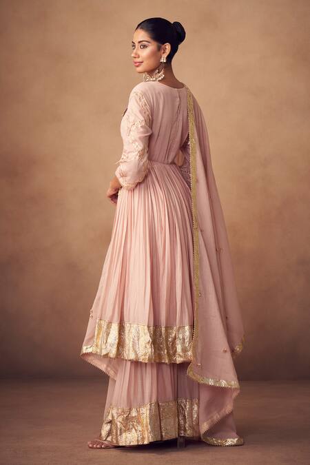 Shop Taavare Pink Muslin Zari Round Neck Anarkali Sharara Set at Aza Fashions Shop_Taavare_Pink Muslin Zari Round Neck Anarkali Sharara Set_at_Aza_Fashions