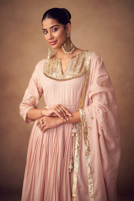 Buy Taavare Pink Muslin Zari Round Neck Anarkali Sharara Set Online at Aza Fashions Buy_Taavare_Pink Muslin Zari Round Neck Anarkali Sharara Set_Online_at_Aza_Fashions