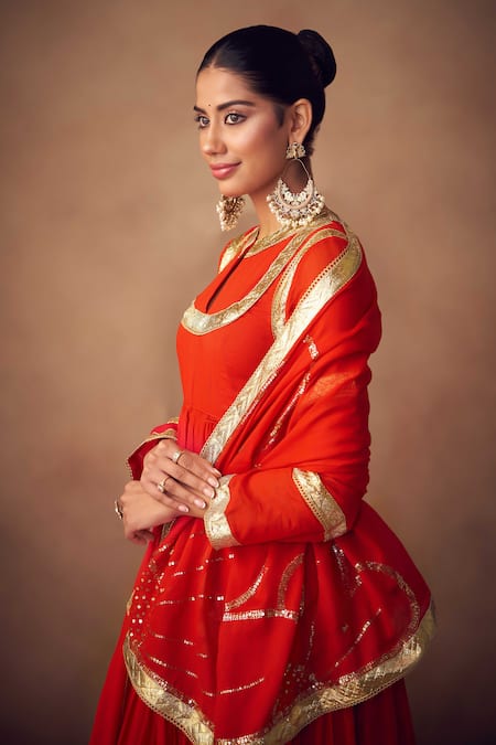 Taavare_Red Muslin Zari Round Neck Gota Patti Embellished Anarkali Set_Online_at_Aza_Fashions