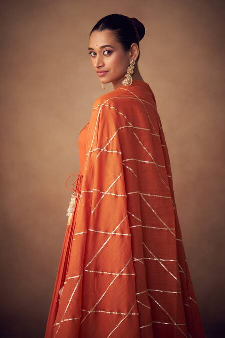 Taavare_Orange Muslin, Mohair Zari Round Neck Embellished Anarkali Set_Online_at_Aza_Fashions
