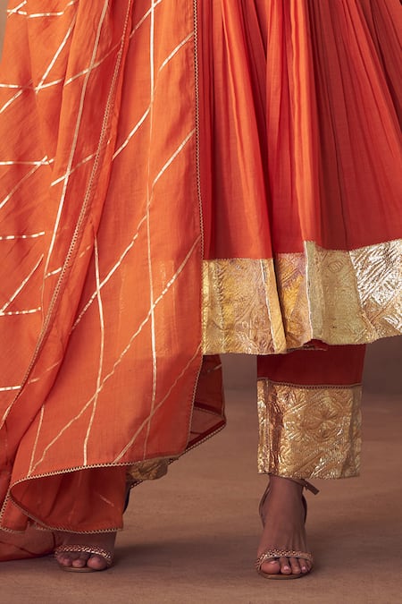 Buy_Taavare_Orange Muslin, Mohair Zari Round Neck Embellished Anarkali Set_Online_at_Aza_Fashions