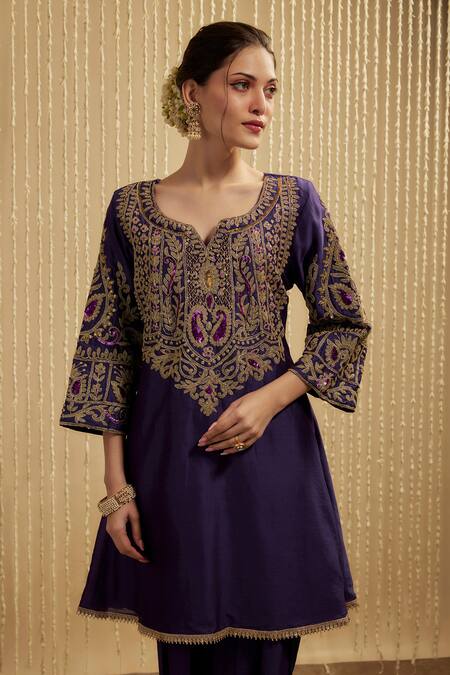 Buy Mehak Murpana Purple Silk, Chanderi Embroidery V-neck Kurta Pant Set Online at Aza Fashions Buy_Mehak Murpana_Purple Silk, Chanderi Embroidery V-neck Kurta Pant Set _Online_at_Aza_Fashions