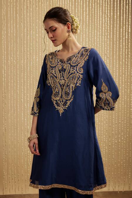 Buy Mehak Murpana Blue Silk, Chanderi Embroidery Round Neck Royal Kurta Set Online at Aza Fashions Buy_Mehak Murpana_Blue Silk, Chanderi Embroidery Round Neck Royal Kurta Set _Online_at_Aza_Fashions