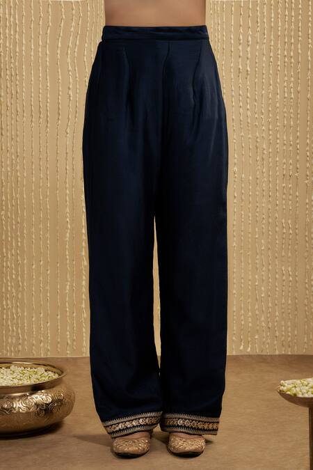 Mehak Murpana_Navy Silk, Chanderi Embroidery Round Neck Blue Kurta Set _Online_at_Aza_Fashions